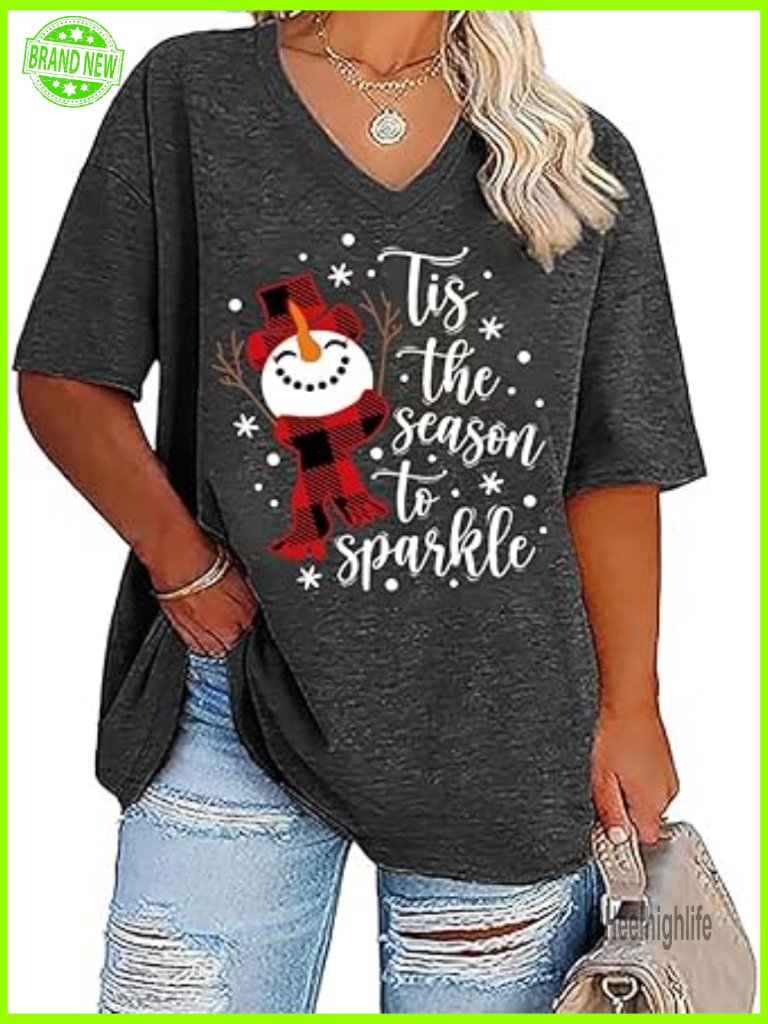 Plus Size V-Neck Christmas Tree Graphic Tee Loose Fit Holiday Top